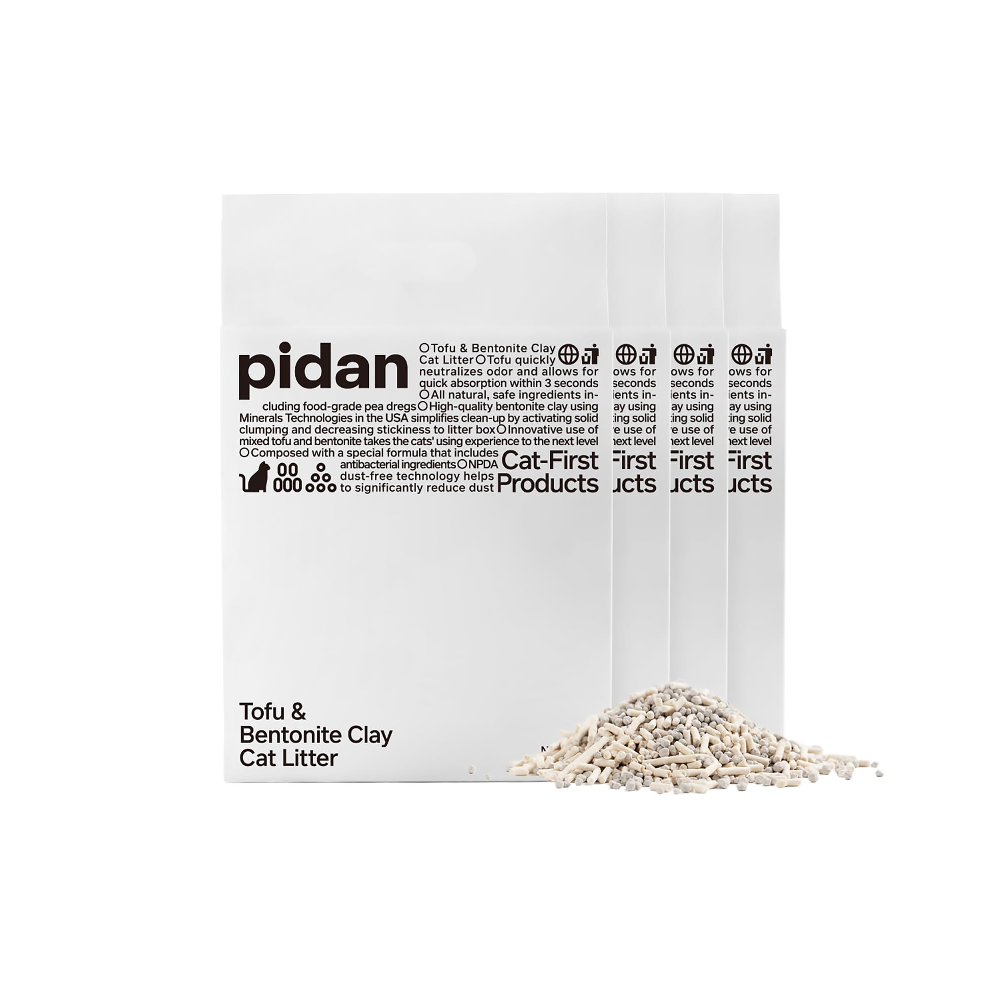 pidan Tofu Katzenstreu mit Bentonit 9,6 kg (4 Beutel) | Klumpstreu mit 70 % pflanzlichen Rohstoffen, staubarm, starke Geruchsbindung, geringe Streuverschleppung