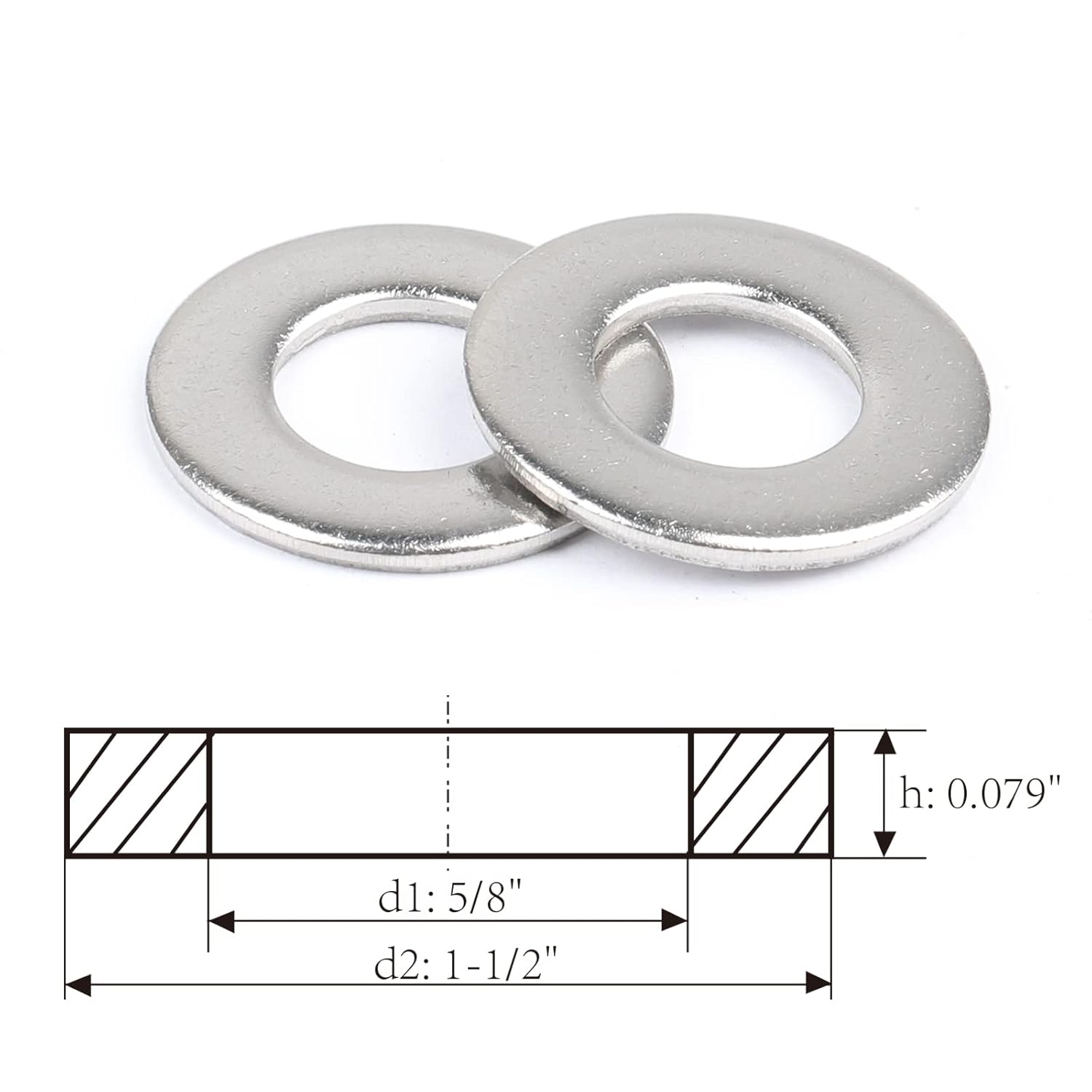 5/8" x 1-1/2" Flat Washer 304 Stainless Steel SAE Washer for Screws Bolts 100PCS