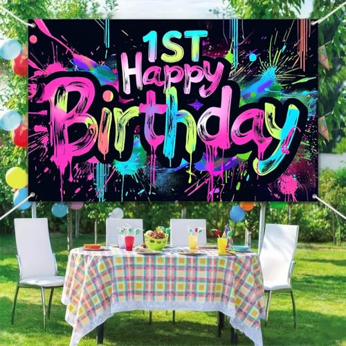 Image of HOMETITUTE Neon 1st Happy Birthday Banner 71x43 Inch Paint Splatter Backdrop Colorful Wall Decorations for Kids Boys Girls First Birthday Photo Booth Background Supplies and Event Decor
