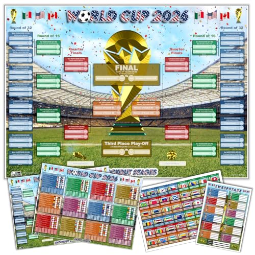 World Cup 2026 Wall Chart & Sweepstake Kit A2 Group & Knockout Posters + A4 Register & 48 Team Tickets Fixtures Dates Stadiums Flags Results Tracker Football Wall Planner