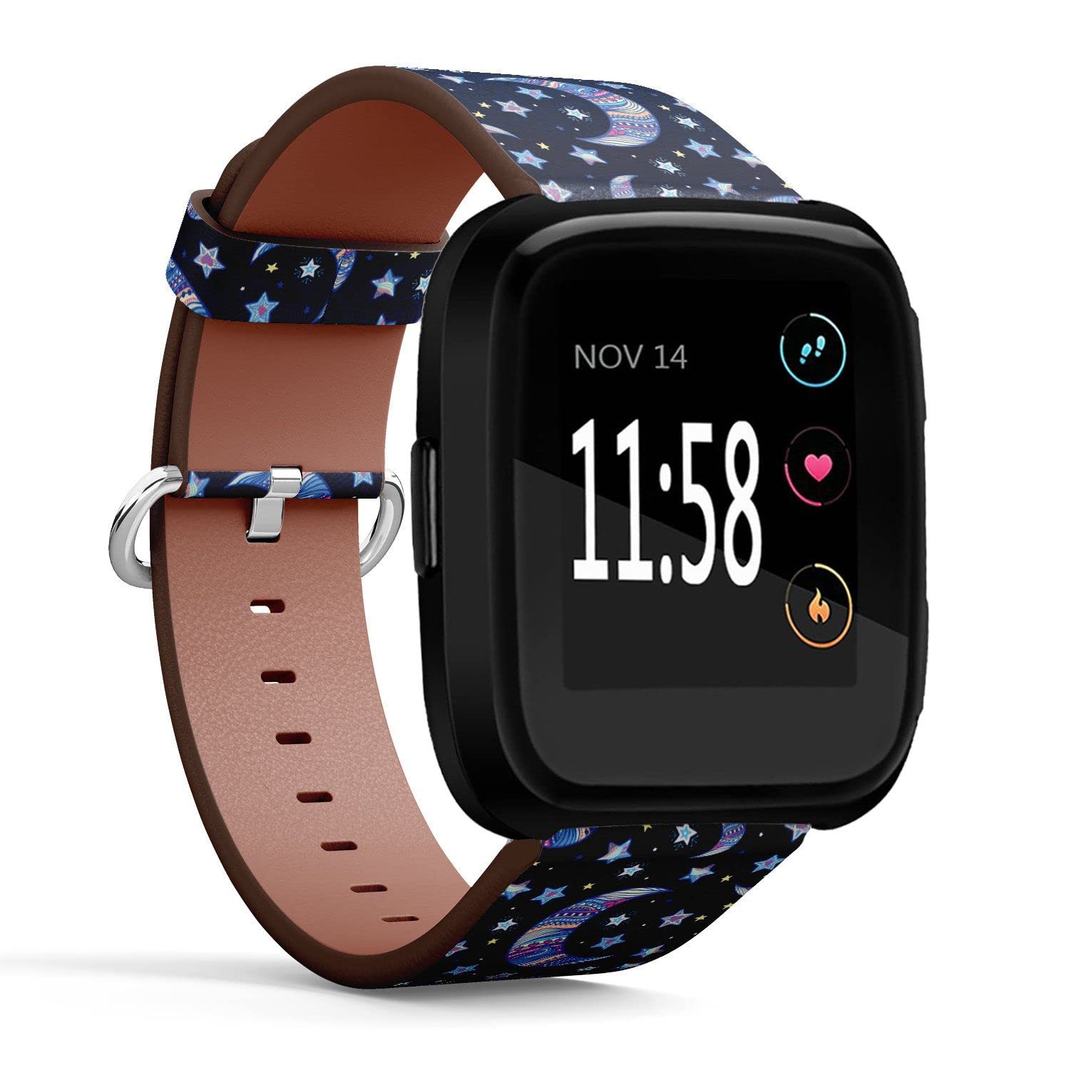 Compatible with Fitbit Versa 2 / Versa / Versa Lite / Versa SE Patterned Leather Replacement Band (Stars and crescent moon in hand-drawn zentangle style)