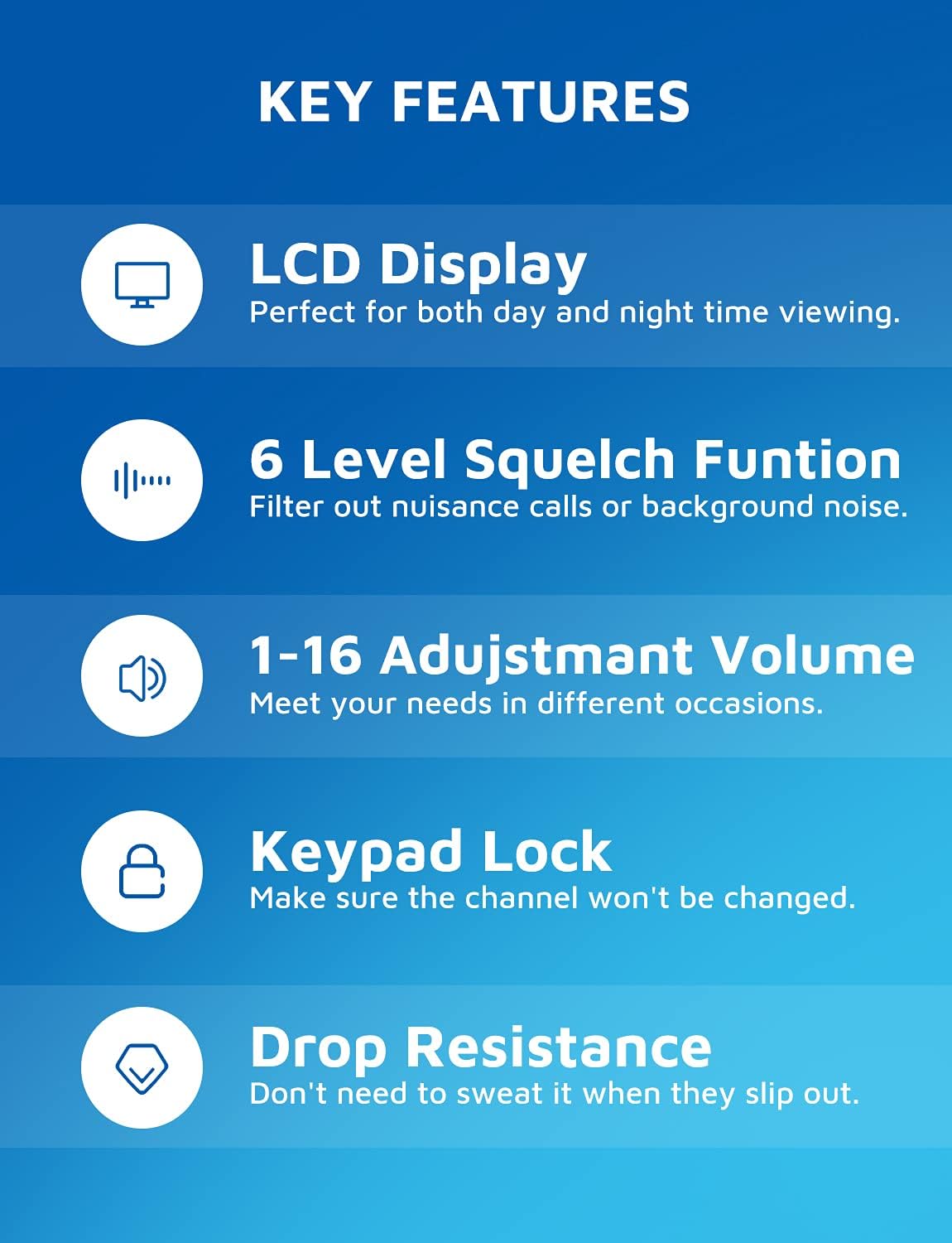 Diagram showing key features: LCD Display, 6 Level Squelch Function, 1-16 Adjustment Volume, Keypad Lock, Drop Resistance.