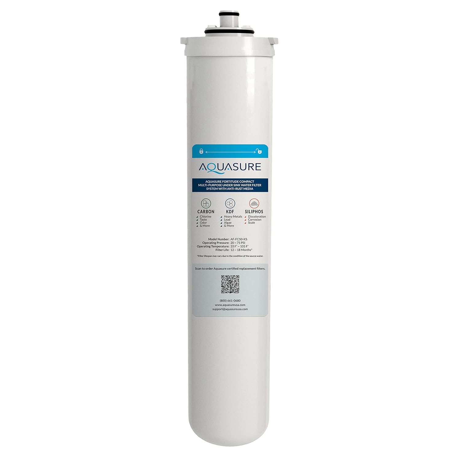 Aquasure Fortitude Compact 10K Gallons Under Sink Multi-Purpose Replacement Filter with Carbon/KDF/Siliphos Anti-Rust Media, Reduces Chlorine, Chemicals, Scale, Bad Taste & Odor for AS-FC50-CKS