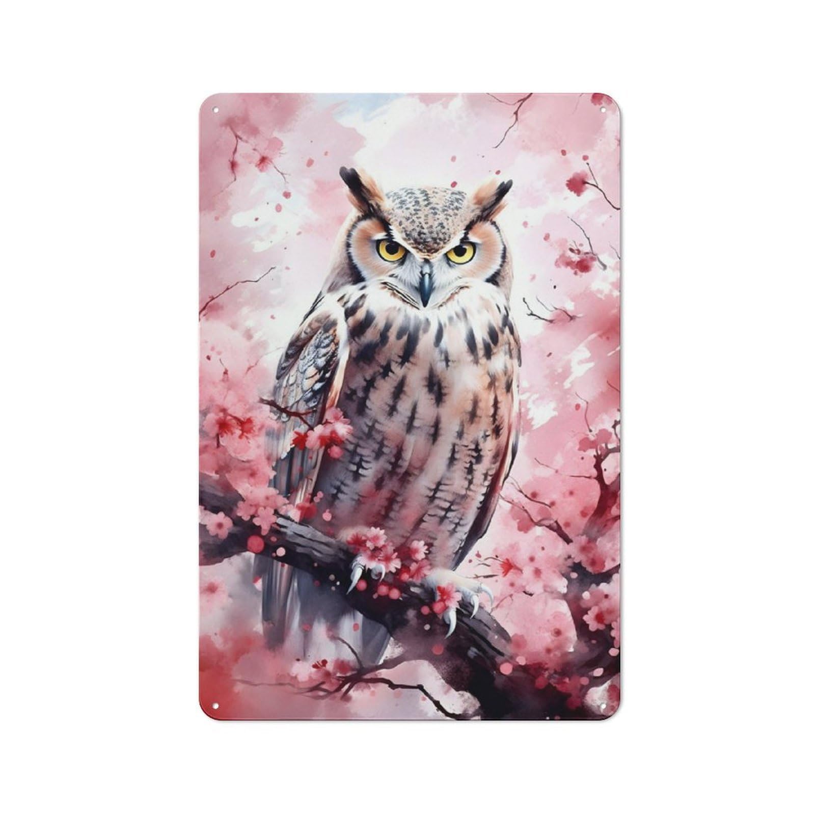 Junmoney Eagle Owl Cherry Blossom Printed Metal Sign 30X20cm For Home Office Or Studio, A Christmas Gift For People Styling Home Office And Studio