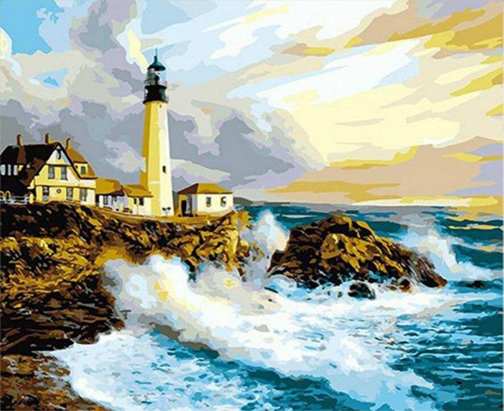 ABEUTY Malen Nach Zahlen Set 'Blauer Himmel Leuchtturm', 40x50cm, Inkl. Leinwand, Farben & Pinsel