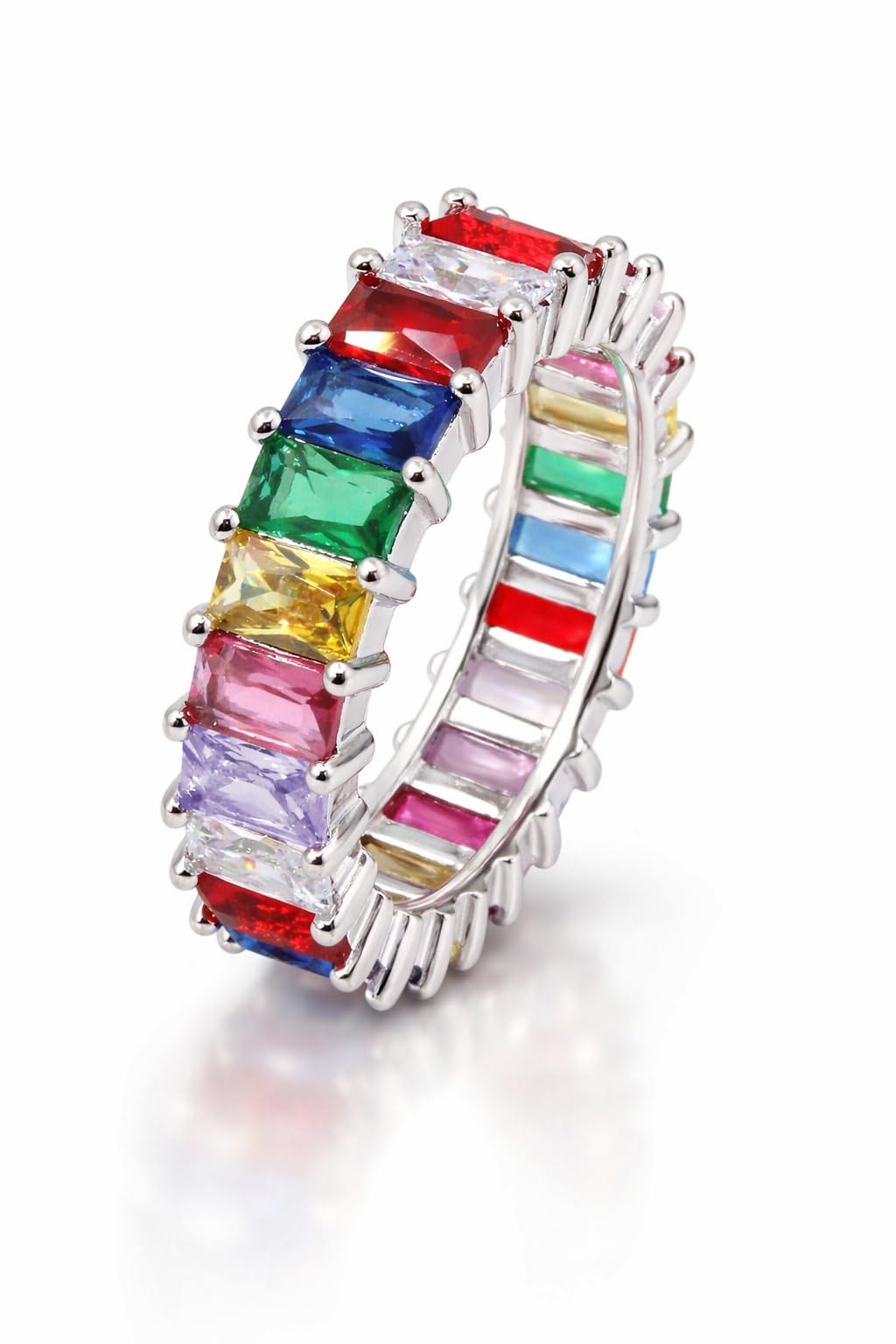 Savlano 18K White Gold Plated Cubic Zirconia Emerald Cut Multicolor Rainbow Eternity Ring Band