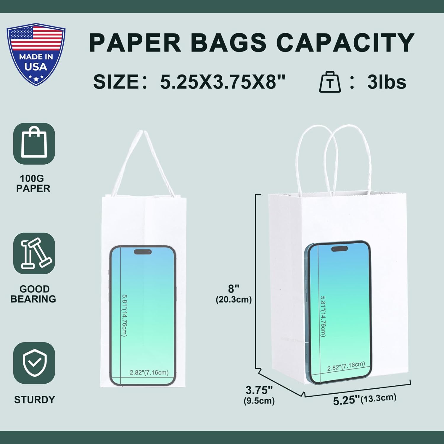 METRONIC Gift Bags 5.25x3.75x8 100Pcs, White Paper Bags with Handles, Kraft Paper Bag for Small Business, Paper Bag for Birthday Party Favors, Shopping