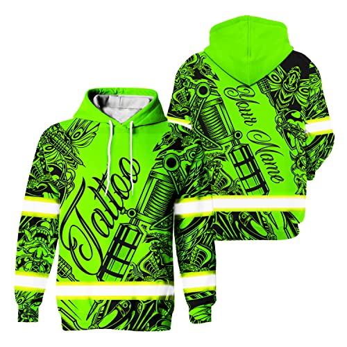 Matedecor Safety Hoodie Green Neon Tattoo Customize Name High Visibility Hoodie for Men Reflective Hoodie Hi Vis Hoodie Workwear for Runners, Walkers, Trucker, Operator, Patriotic-4XL