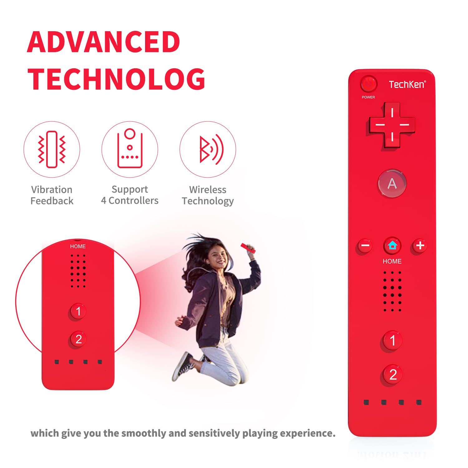 2 telecomandi di ricambio per Wii, TechKen compatibili con Wii, telecomando di ricambio con silicone e cinturino da polso (blu rosso)