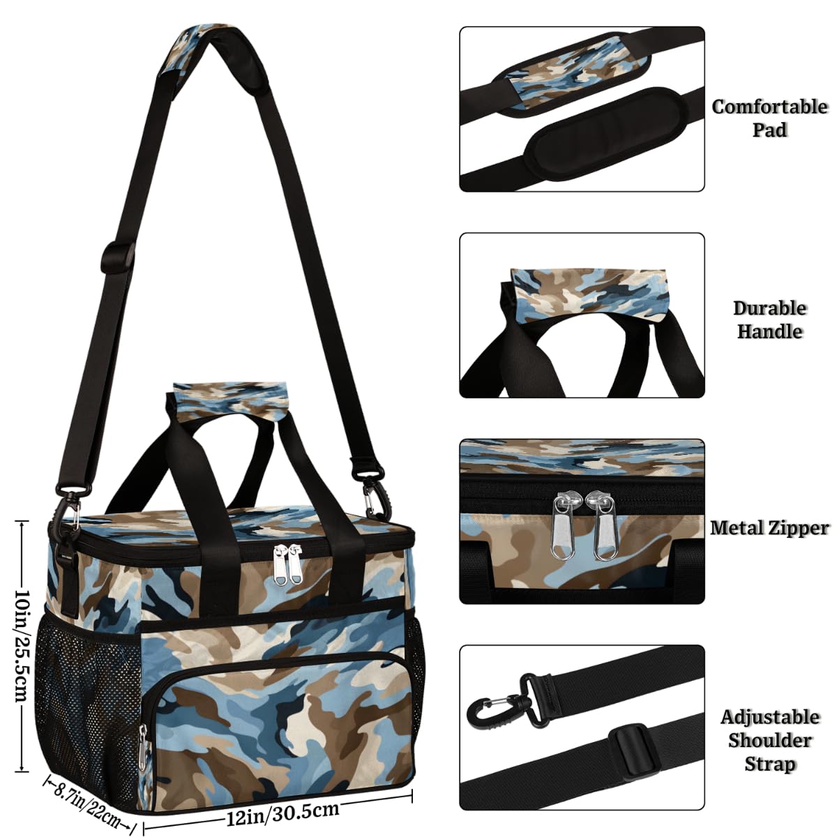 Camouflage Pattern Insulated Picnic Backpack Lunch Box for Women Men Picnic Basket Tote Lunch Bag Picnic Bag Portable Lunch Bags for Picnic, Beach, Work, Trip,Office, Camp Camo Blue White