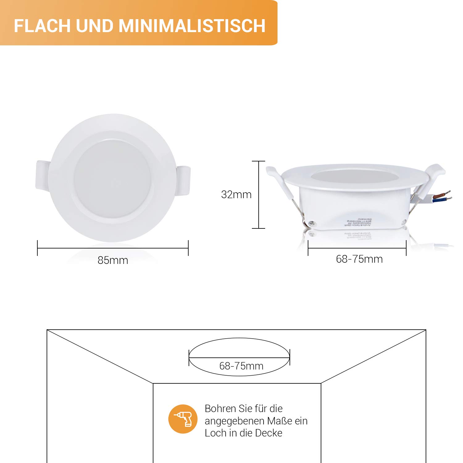 Ultra Slim LED IP44 Focos de Techo empotrable | también para el baño | Blanca Cálida | 4W 220V 280lm | Foco LED