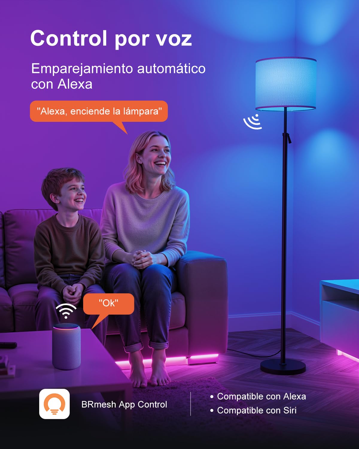 DUSKTEC Lámpara de Pie Inteligente para Salón,Compatible con Alexa y App,Cambio de color RGB, Regulable 1-100%,Blanco 2700-6000K,Sincronización con Música,Altura Ajustable 10W 1200LM, Pantalla de Lino