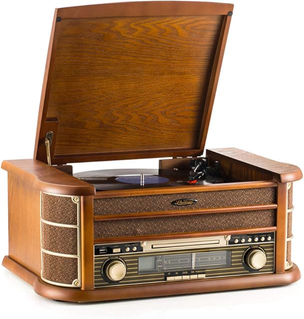 Shuman Retro 7-in-1 Record Player, Wireless Connection, Home Audio Centre with Remote Control, 3-Speed Vinyl Turntable, CD/Cassette Player, FM Radio, USB Playback/Recording, RCA Output (MC-250BT)