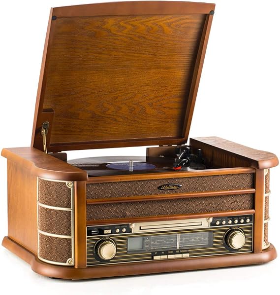Shuman Retro 8-in-1 Music Centre Record Player, Wireless Connection, Home Audio Centre with Remote Control, 3-Speed Vinyl Turntable, CD/Cassette Player, AM/FM Radio, USB Playback/Recording (MC-250BT)