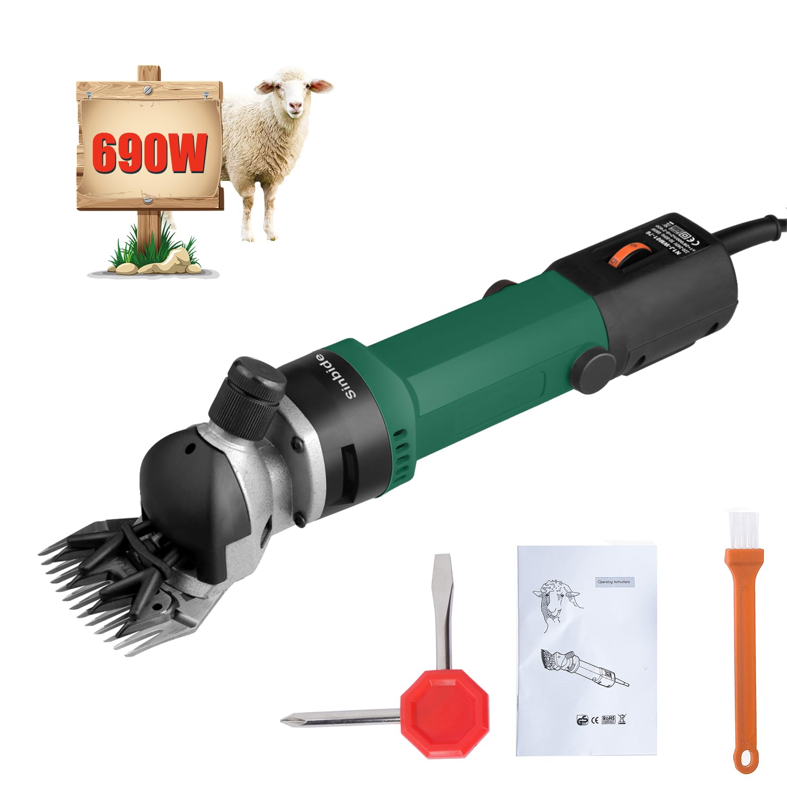 Tosatrice per Pecore Elettrica 690W, Forbici Elettriche Pecore con 6 Velocità Regolabili, Cesoia elettrica per Pecore Montoni Capre Animali da Fattoria (Verde)