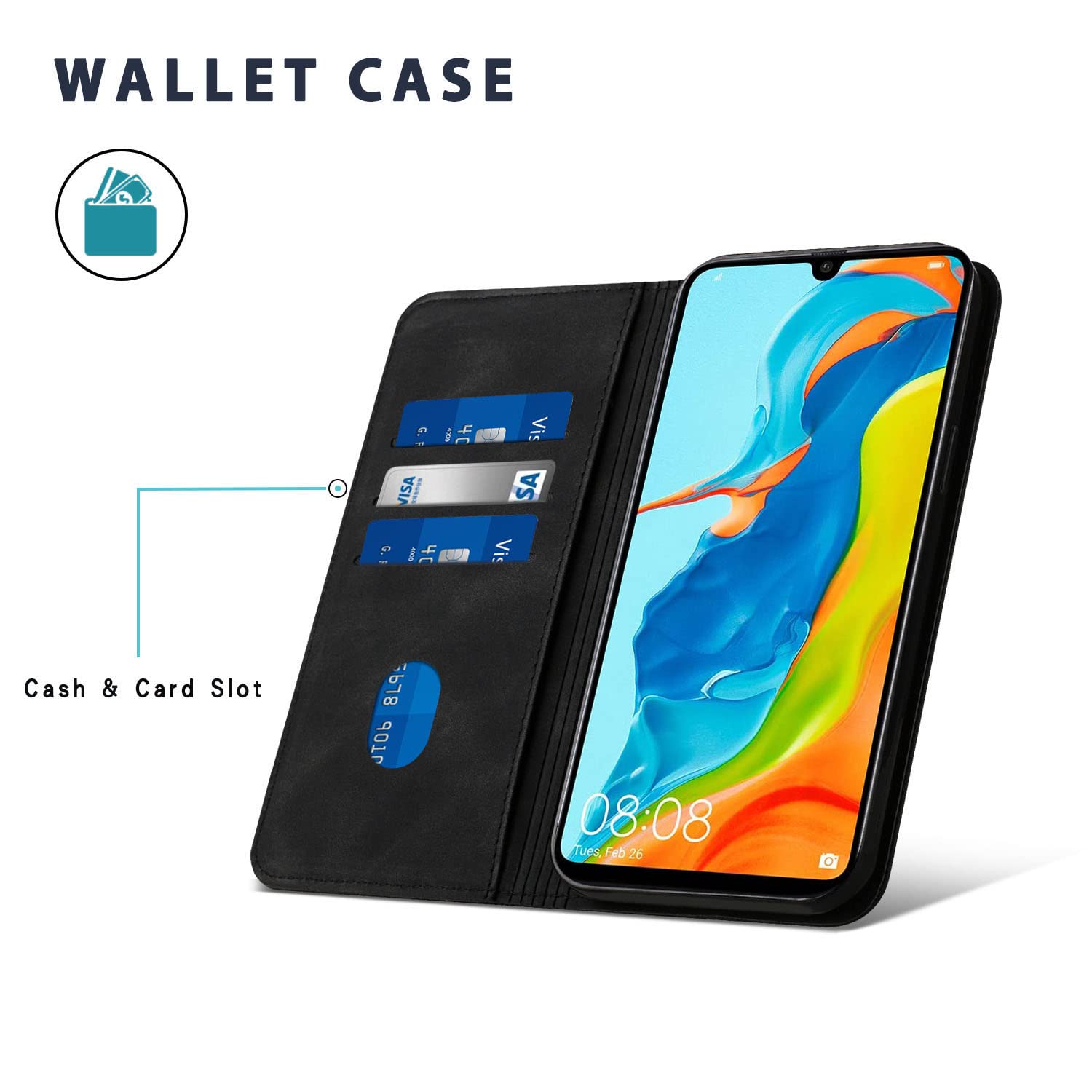 Custodia A Portafoglio Con Slot Per Schede E Supporto, Per Huawei P30 Lite / Nova 4e, Pelle Sintetica