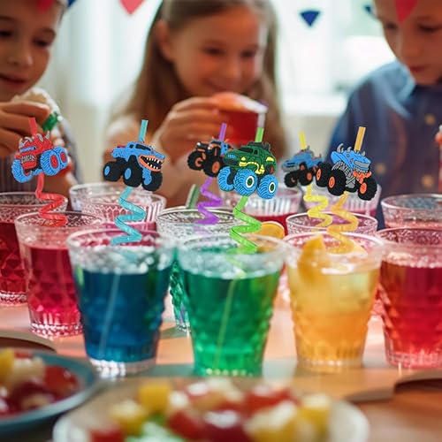 Miniatura 3 de 24 popotes para beber Monster Truck  Reutilizables, translúcidas y divertidas decoraciones de fiesta para niños y adultos  para recuerdos de fiesta