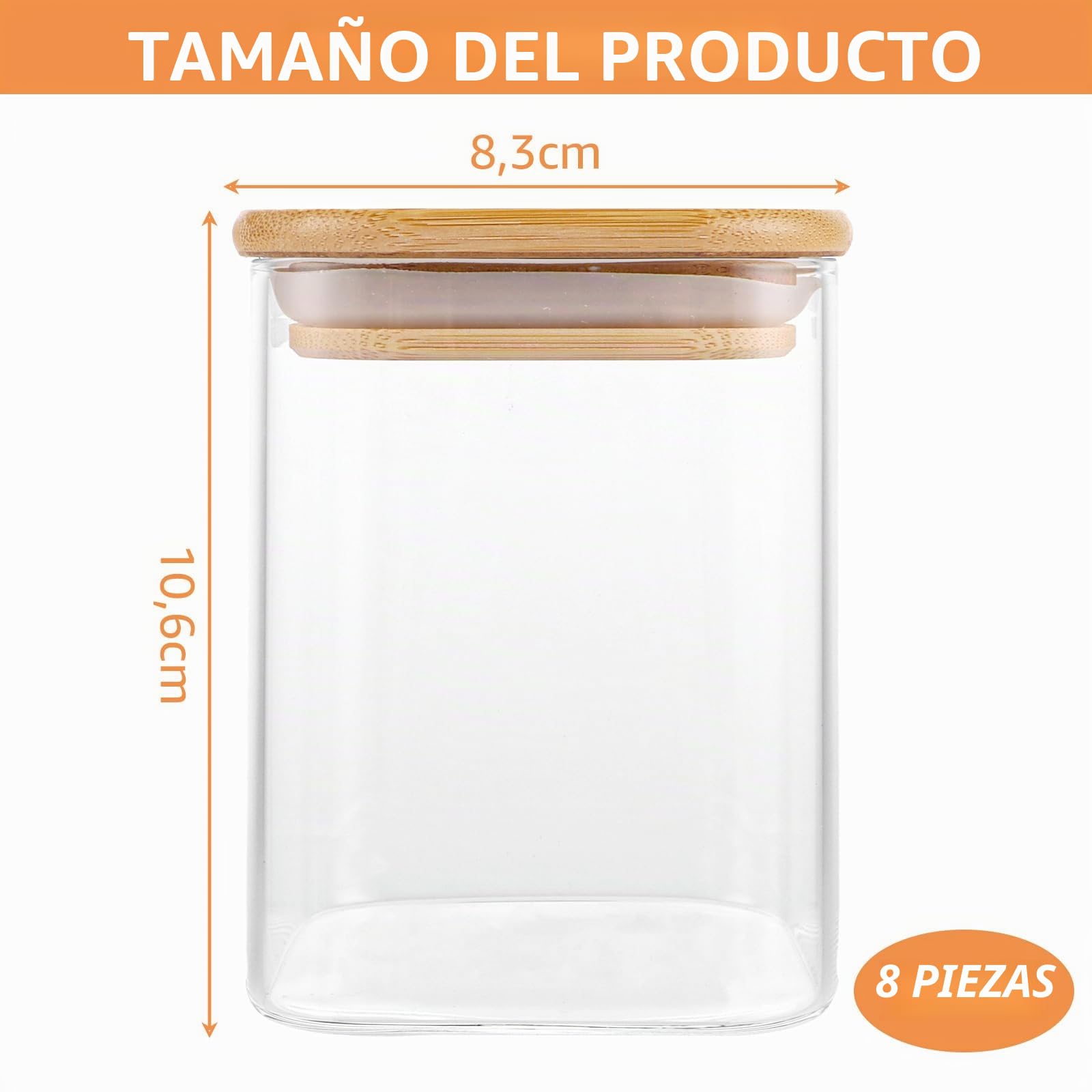YAYODS 8 tarros de cristal rectangulares con etiquetas, 0,5 L, herméticos, pequeños, con tapa de madera, para granos de café, espaguetis, harina, azúcar (sin BPA)