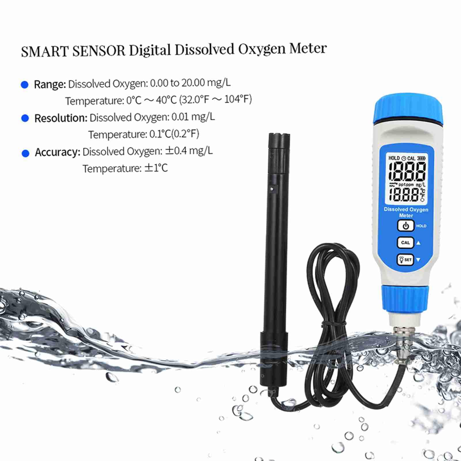 HUIOP Detector Digital de oxígeno disuelto Detector Digital de oxígeno disuelto Medidor de oxígeno disuelto DO portátil o de rotulador Probador de cald del Agua Analizador de oxígeno disuelto