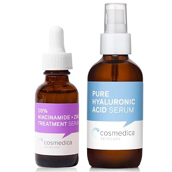 Cosmedica Skincare Niacinamide + Zinc Treatment Serum with Hyaluronic Acid 1 Oz & Pure Hyaluronic Acid Serum for Skin 4 Oz Bundle Hydrating Facial Moisturizer with Anti-Aging Skincare