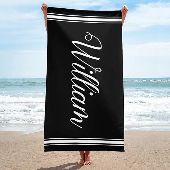 Personalized Beach Towels with Name - Customized Black Stripe Beach Towel - Custom Beach Towels for Boys Men Adults