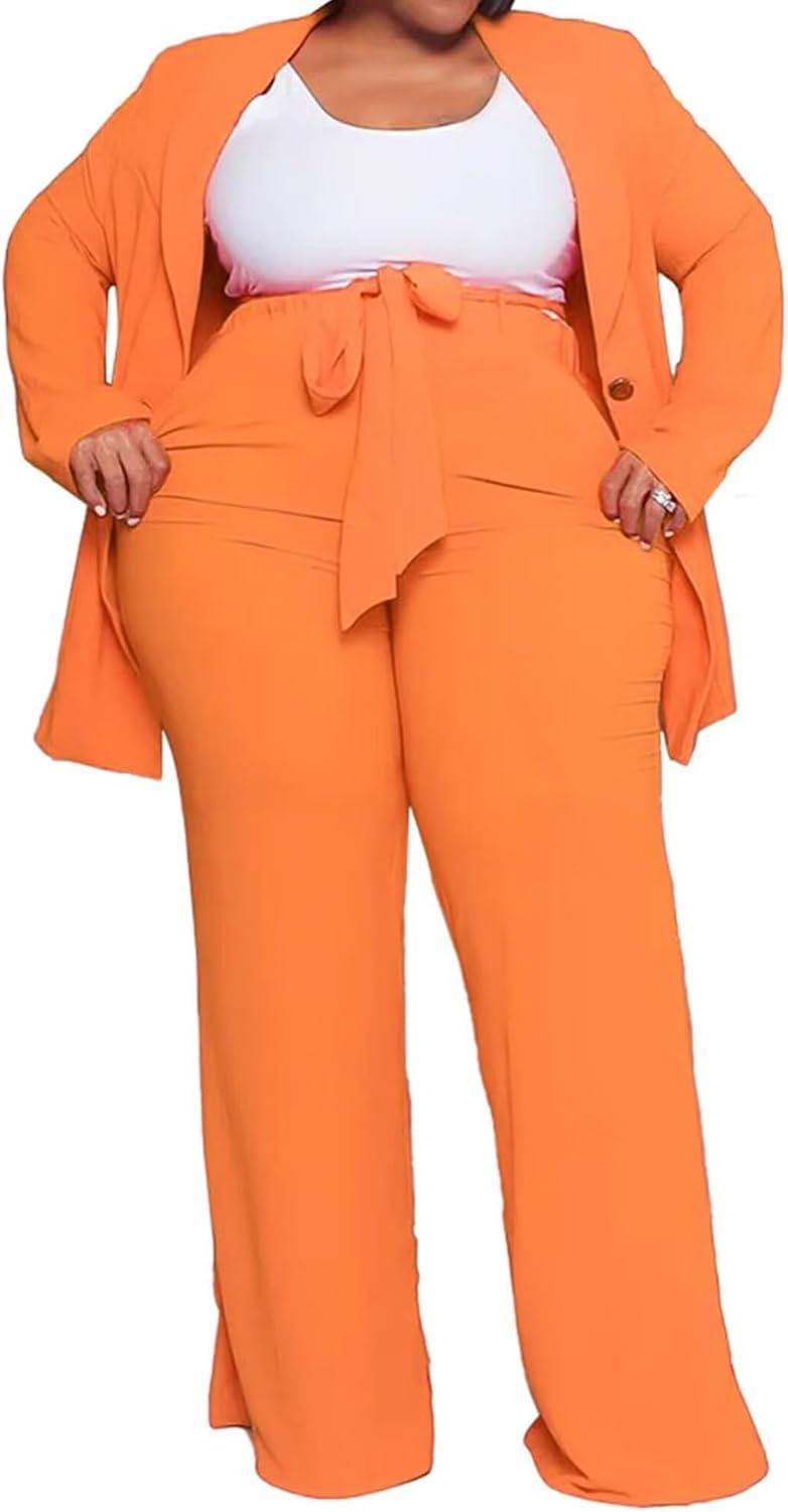 IyMoo Plus Size Suits for Women Business Open Front Long Sleeve Blazer Elastic Waist Solid Straight Leg Pant Set Suits