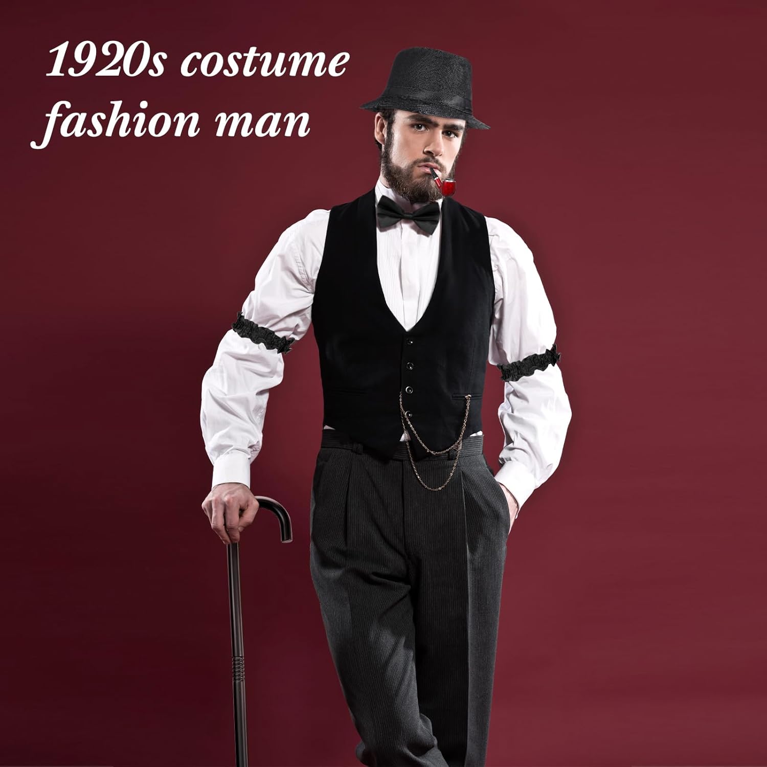 Neer 1920s Men Costume Accessories Outfit with Gangster Vest Hat Vintage Pocket Watch Bow Tie Suspenders Accessories - Image 4