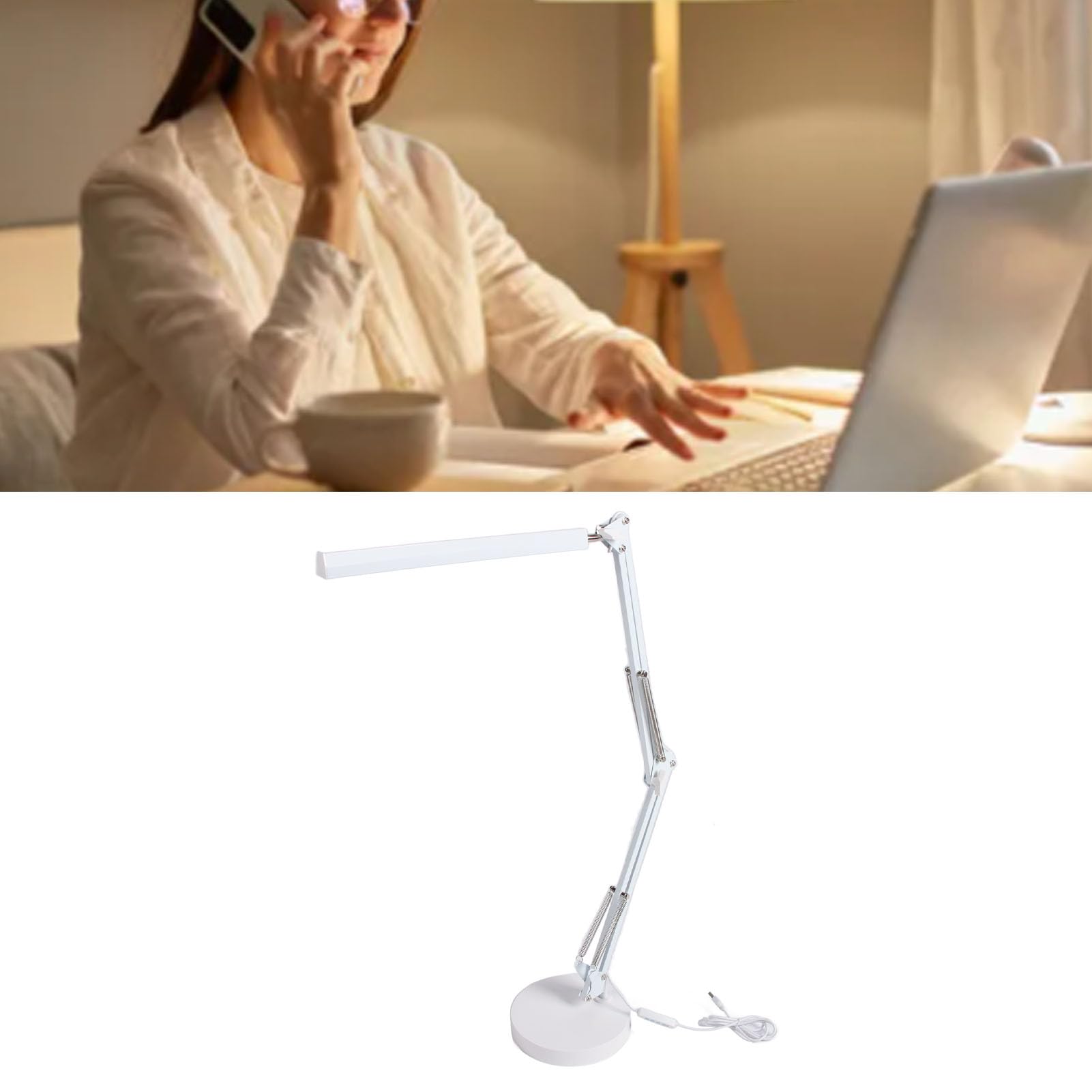 Lampa Biurkowa, 1000LX, Regulowane ramię Obrotowe, Zginana o 360° Lampa Biurkowa LED z 3 Temperaturami Barwowymi, 10 Poziomów Jasności, Ochrona Oczu Zasilana Przez USB, Duże źródło (WHITE)