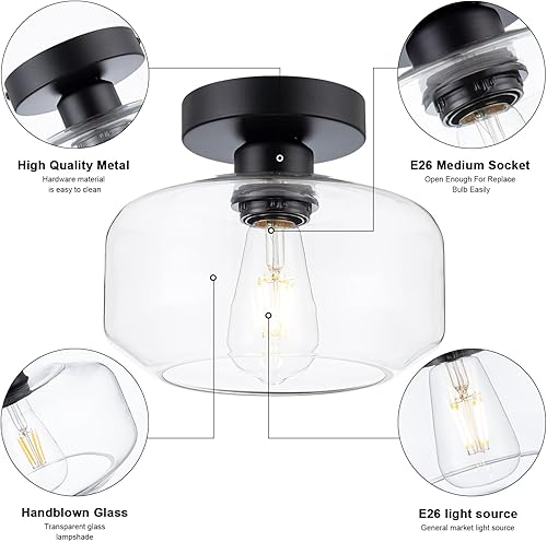 Miniatura 6 de Elegante lámpara de techo semiempotrada con sabor vintage de vidrio transparente con base de metal negro incluida, bombilla LED de 900 lúmenes,