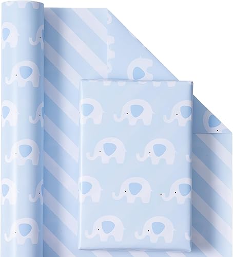 Miniatura 2 de WRAPAHOLIC - Papel de regalo reversible para bebé niño, rollo mini - 17 pulgadas x 33 pies - Lindo diseño de elefante azul, perfecto para baby