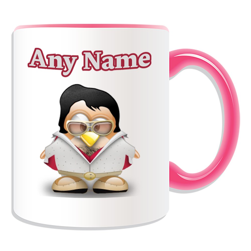 Unigift Pink Personalised Gift - Elvis Presley Mug (Penguin History Celebrity Costume Design Colour) Name Message Unique Star Silly Funny Novelty Singer King Pop Dancer Actor Album Music Award Rock Musician Roll