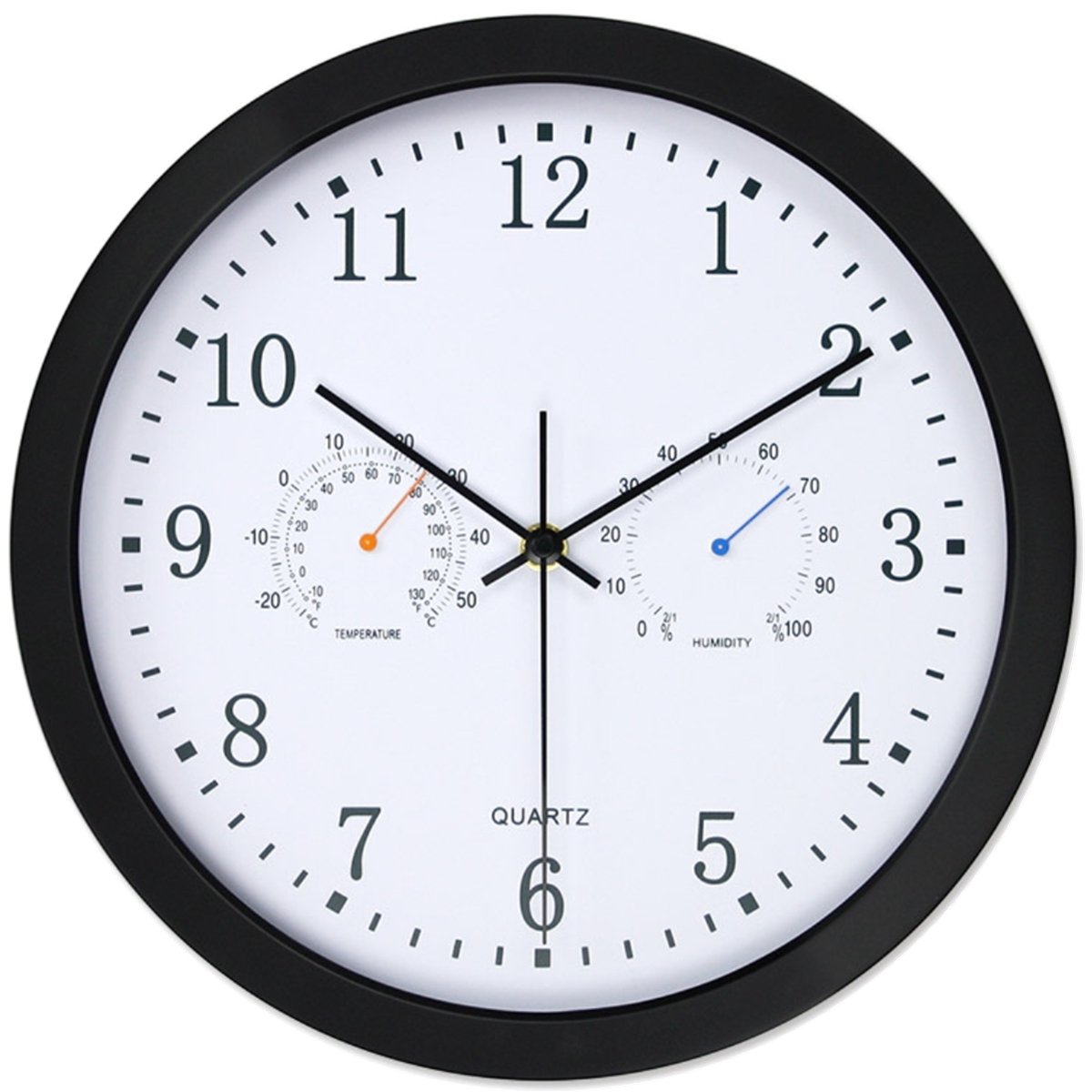 Vonzevo 12'' Silent Non-Ticking Lagre Decorative Indoor/Outdoor Wall Clock with Temperature & Humidity, Decor Clocks for Living Room & Kitchen & Office, Glass Cover (Black)