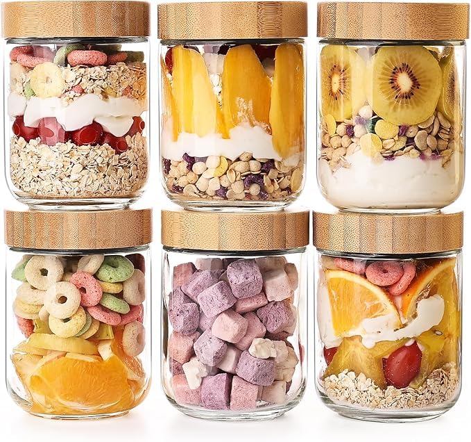 CASADELIGHT Airtight Glass Food Storage Jars Set of 6, 500ML Food Storage Container with Sealing Wooden Lid, Stackable Spice Jar, Round Kitchen Canister for Sugar, Tea, Coffee bean, Pasta, Oat