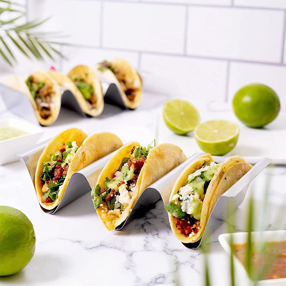 2 Pezzi Set di Porta Tacos, 25×10 cm Supporto per Taco, Supporti per Taco in Acciaio Inox, Porta Taco con Manici, Forno, Grill e Lavabile in Lavastoviglie, per Conservare Tacos, Pane e Frittelle