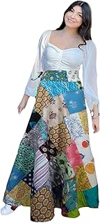 Mogul Interior Women Summer Sky Blue Patchwork Boho Wrap Around Skirt