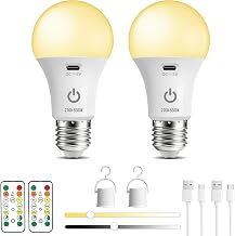 Caldarax E27 LED Bulb USB Rechargeable with Remote Control, 7W Battery Bulbs 3 Color Dimmable Touch Control with Timer, for Camping or Emergency Lighting, 2 Pieces