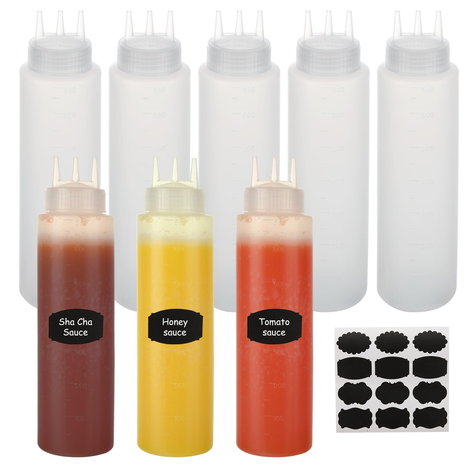 Botellas exprimibles para salsas de plástico, dosificadores de 3 agujeros para kétchup y BBQ
