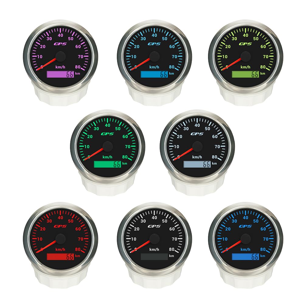 ELING 85 mm GPS-Tachometer Kilometerzähler 0–80 km/h mit GPS-Antenne 7 Farben Hintergrundbeleuchtung, Geschwindigkeitsanzeige für Motorboote und LKWs