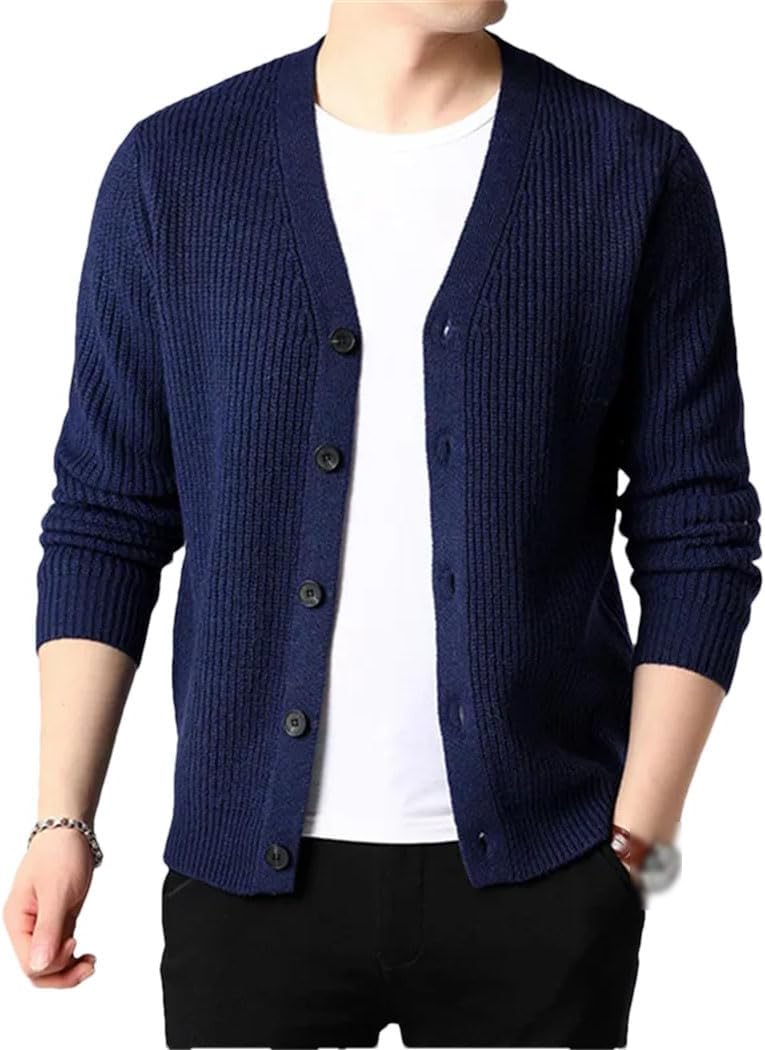 Men's Winter Warm Cardigan Coat Long Sleeve V-Neck Solid Single Breasted Kintted Sweater