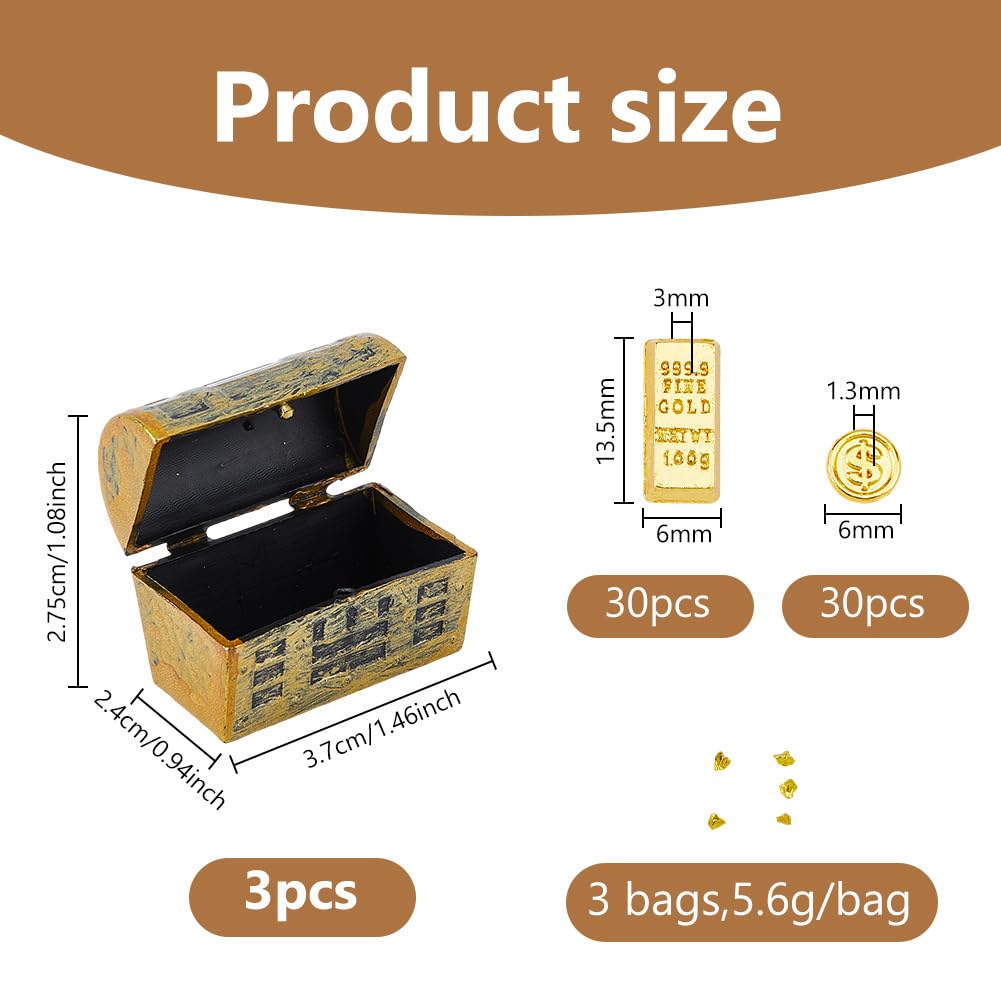 DICOSMETIC 3 Sets Tiny Faux Gold Treasure Chest Including Faux 60Pcs Gold Bars and Coins 16.8g Golden Particles Miniature Treasure Chest Set Mini Vintage Pirate Jewelry Storage Box for DIY Crafts - Image 2