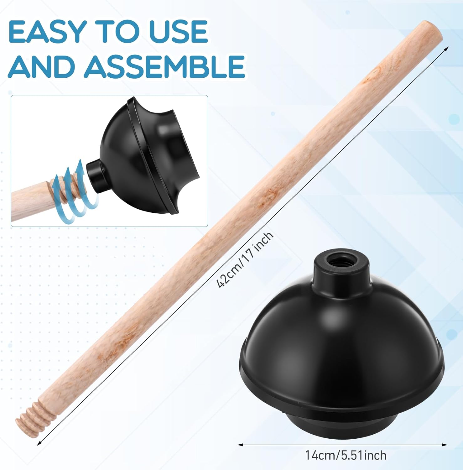 20 Pack Heavy Duty Toilet Plunger Bulk with 17 Inch Long Handle for Bathroom Dual Thrust Force Suction Cup Rubber Toilet Bowl Plunger with Wood Handle Clogged Solution for Hotel Drain Clogs