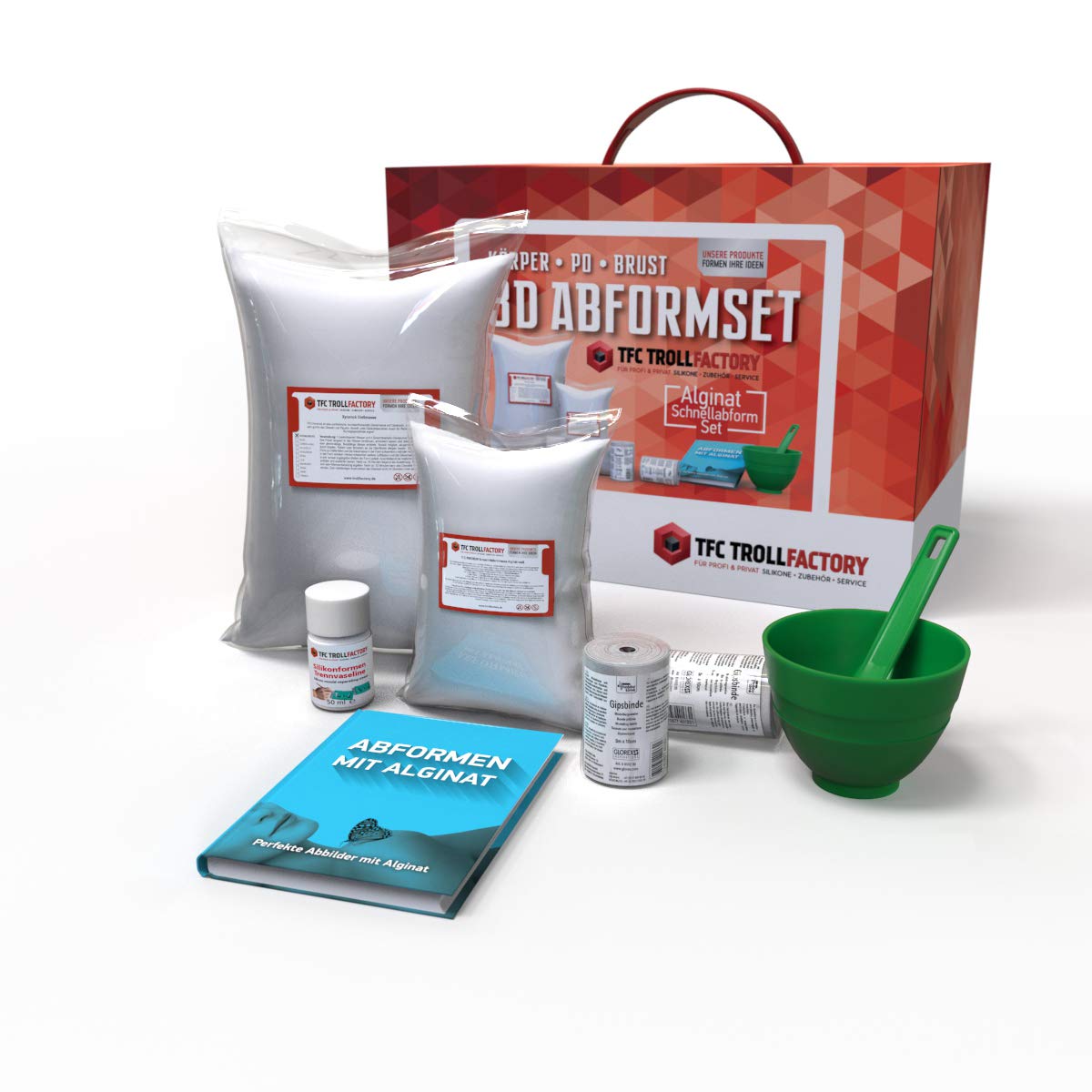 TFC 3D Körper Po oder Brust Abformset, mit 1kg TFC Alginat Abformmasse 9-11 Minuten, 3kg TFC Xyrarock Giessmasse 4:1, Mischbecher, Rührspatel, 2X Gipsgebinde, Trennvaseline und unserer Anleitung