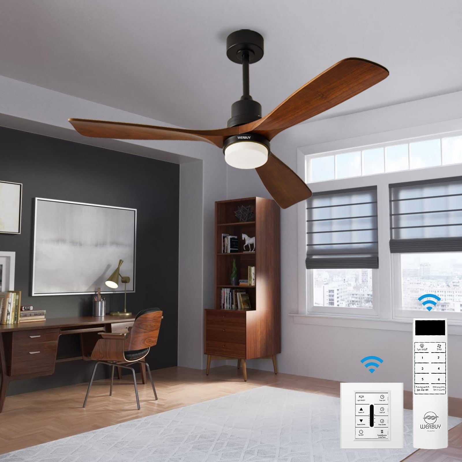 WERBUY 52" Wood Ceiling Fans with Lights Remote Wireless Wall Control, Indoor Outdoor Modern Black Ceiling Fan with Quiet Reversible DC Motor 6 Speeds Timing, for Bedroom Patios Farmhouse Living Room