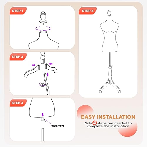 Miniatura 6 de Maniquí de cuerpo para vestido con forma de torso, maniquí femenino de 49.6 a 63.4 pulgadas, altura ajustable, trípode de madera, soporte de trípode