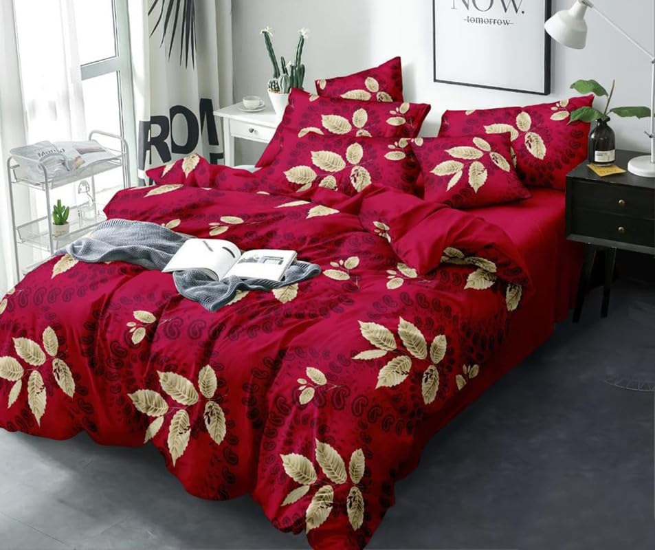 Image of Polycotton Double Bed Bedsheet, Flat Sheet with 2 Pillow Covers, Queen (90x100 inch), 300 TC, Red & Golden, Set of 3