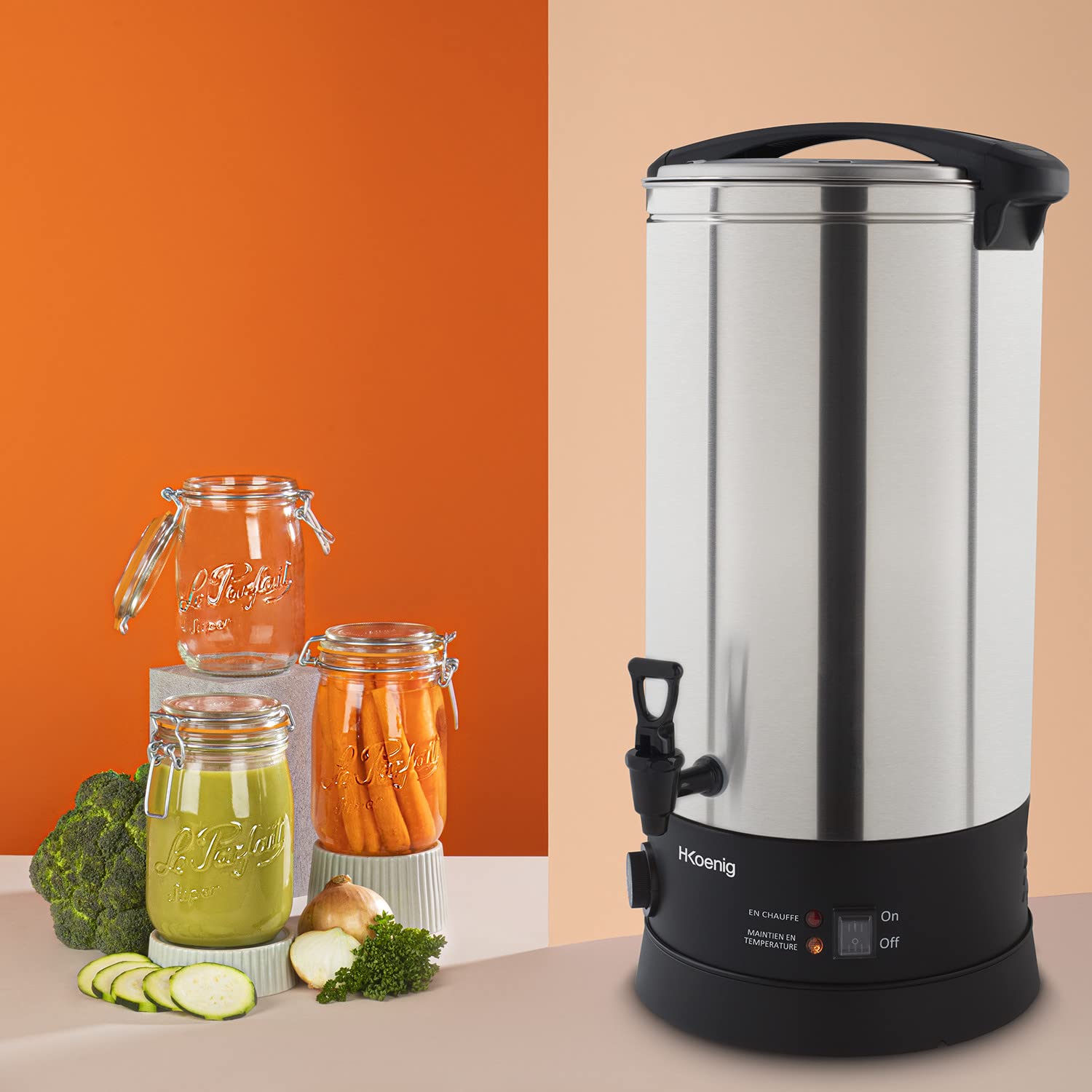 H.Koenig Stérilisateur Multifonction LEGI25, Stérilisateur de Bocaux et Préparation de Recettes chaudes, 25L, 30-110°C, Minuterie jusqu’à 120min, Acier Inoxydable, 2500W