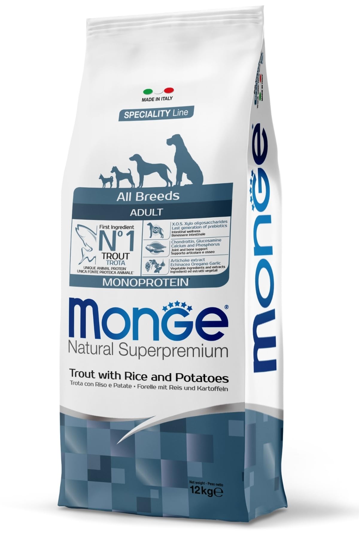 Monge Natural Superpremium ADULT TROTA, RISO E PATATE, cibo per cani per tutte le razze (cibo secco per cani con trota, riso e patate, molto ricco di fibre e vitamine, 12 kg)
