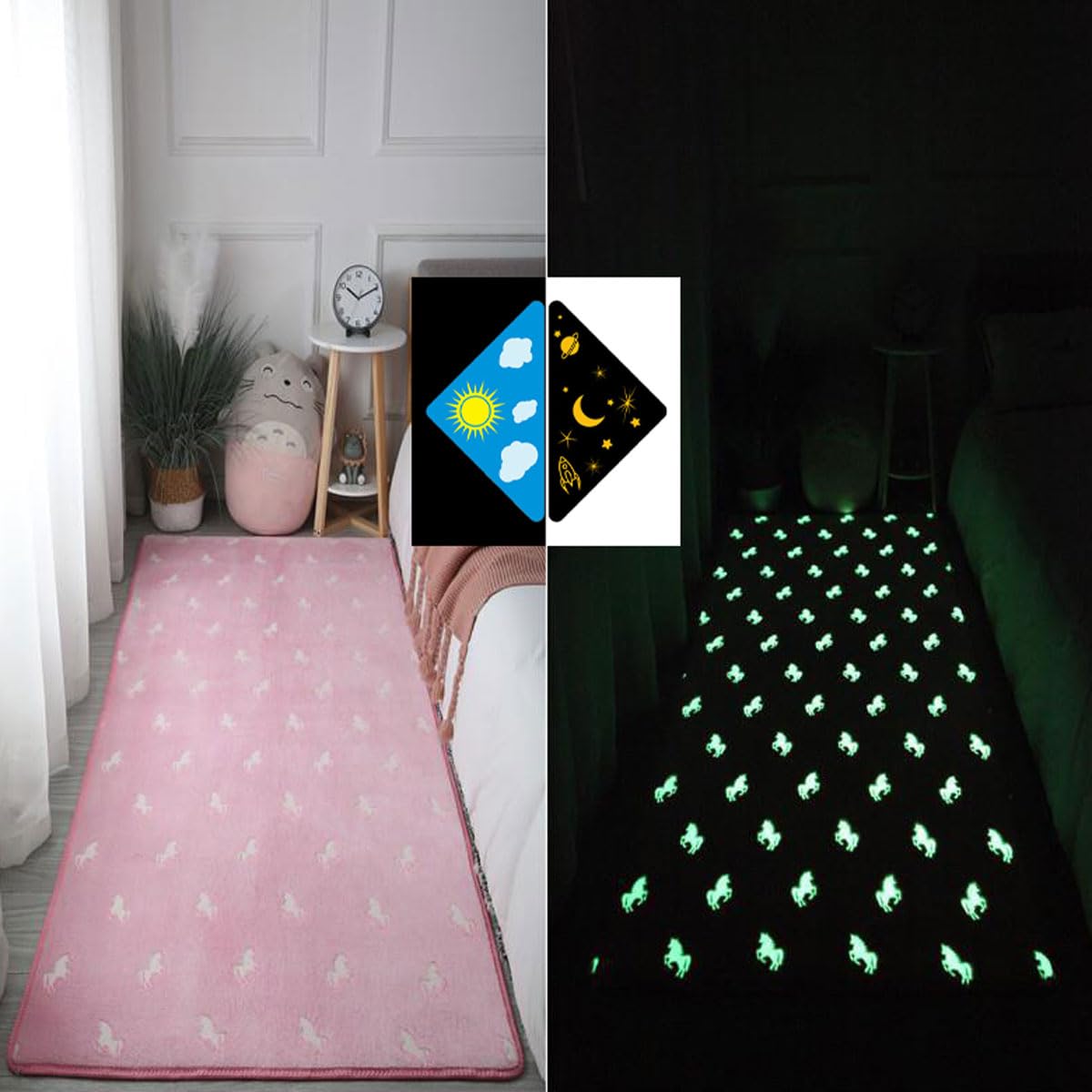 Single tree forest Glow-In-The-Dark Children'S Bedroom Bedside Carpet, Home Decoration Washable Play Rug, Crawling Mat-Pink Pony-80 * 120cm