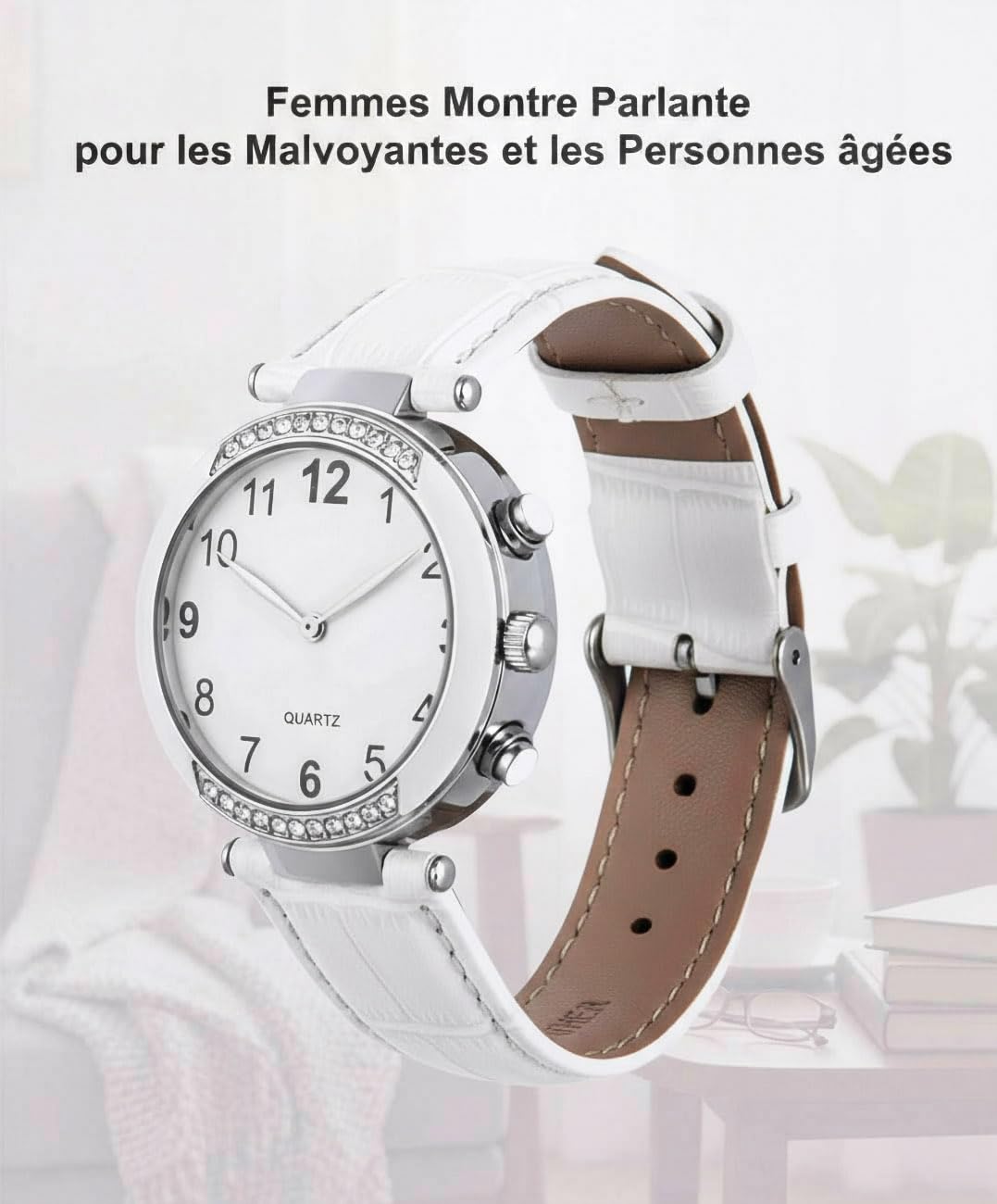 Reloj Parlante para Mujer con Voz Francesa Femenina, Hora y Fecha Parlantes Reloj de Cuarzo Correa de Cuero para Personas con Discapacidad Visual, Seniors, Blanco