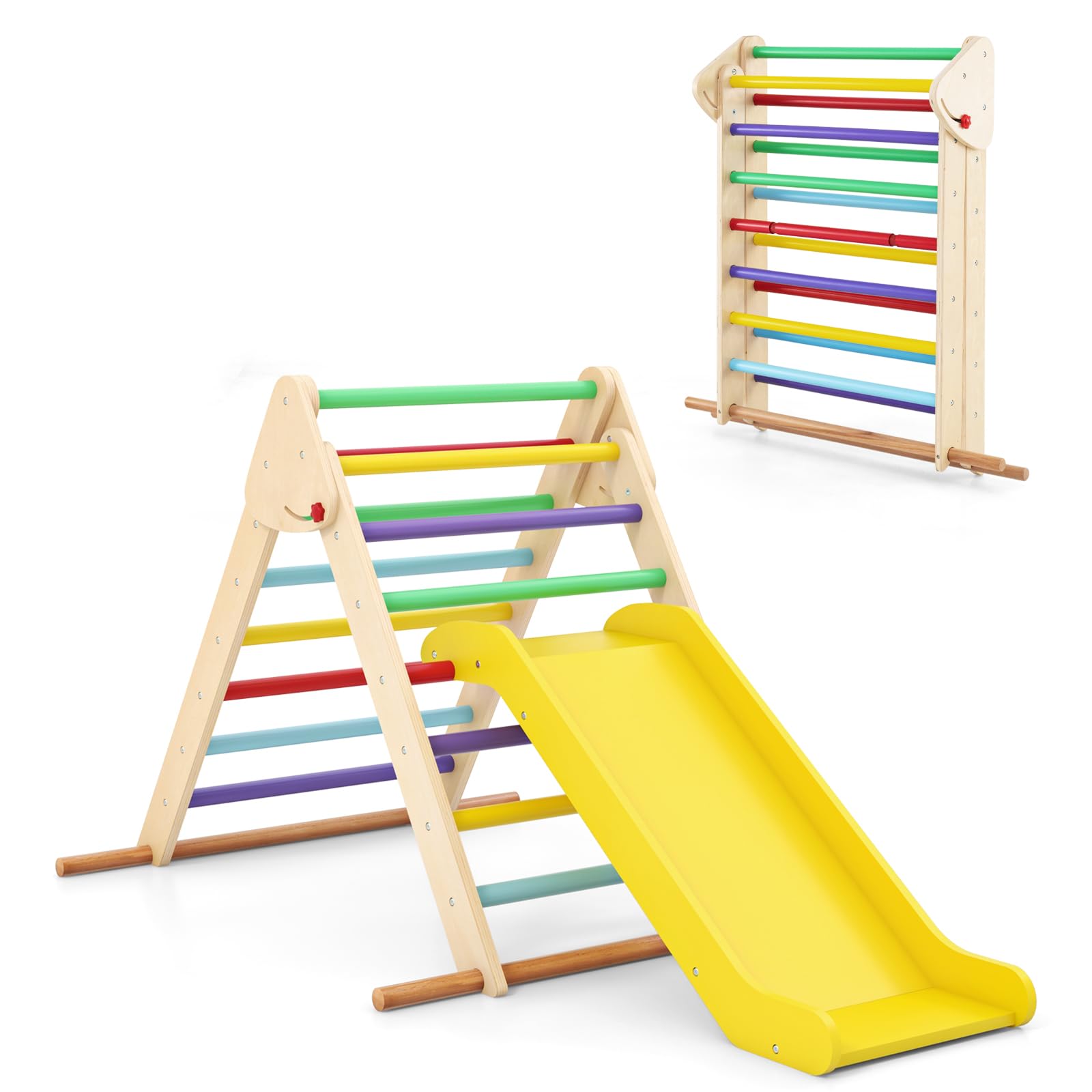 COSTWAY Toddler Climbing Frame, Folding Kids Triangle Climber with Slide, Wooden Indoor Montessori Play Gym for Boys Girls 1+ Years Old (Multicolor)